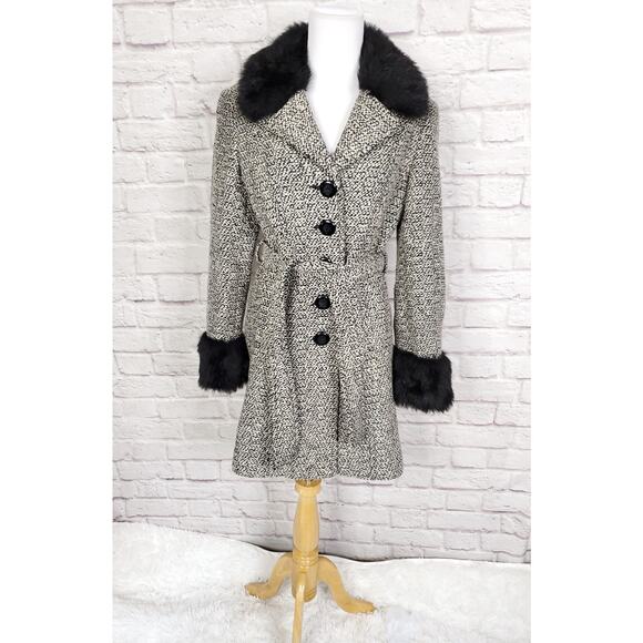 Marvin Richards Wool Blend Peacoat Coat Black Cream Belted Faux Fur Trim Sz S - Picture 1 of 16